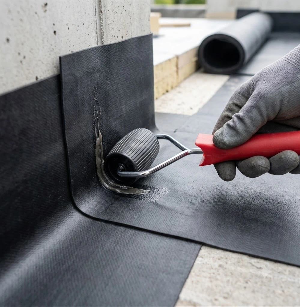 Hengeres nyomógörgő 50 mm EPDM vagy bitumenes vízszigetelő membránok illesztéséhez és tömítéséhez.